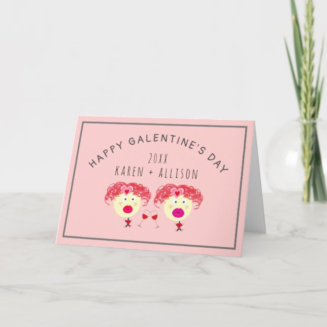 Funny Galentines Day BFF Pink Red Hearts Name Card (Front)