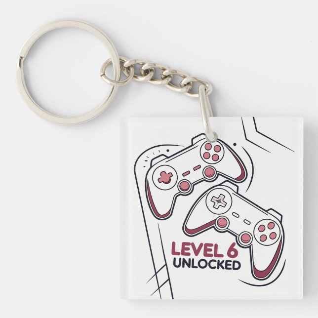 Funny Gamer 6th birthday Gift, Level 6th Unlocked Keychain (Front)