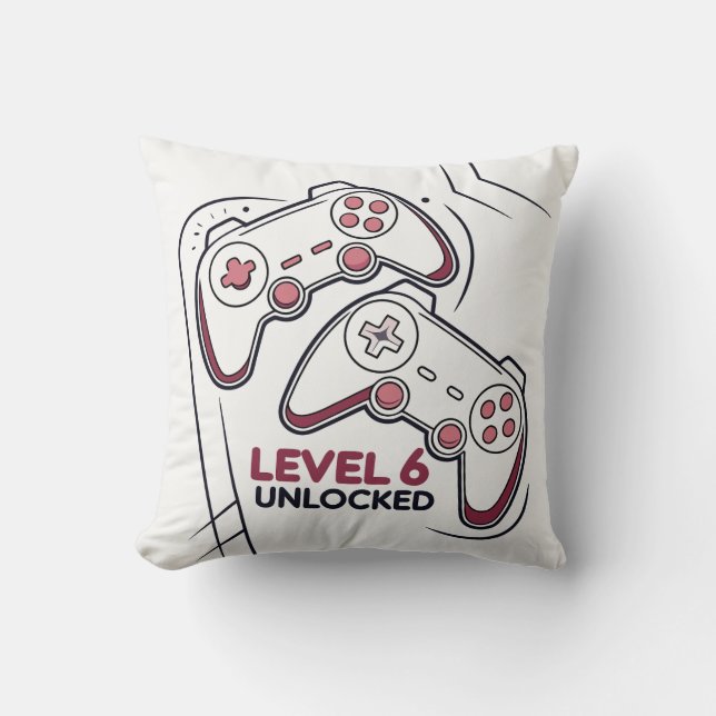 Funny Gamer 6th birthday Gift, Level 6th Unlocked Throw Pillow (Front)