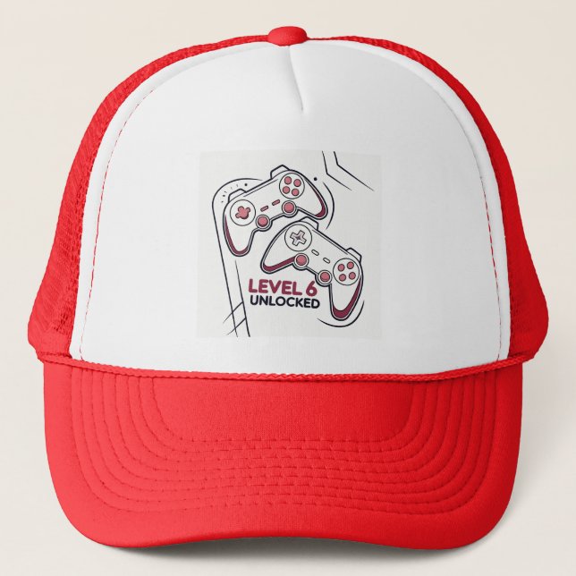 Funny Gamer 6th birthday Gift, Level 6th Unlocked Trucker Hat (Front)