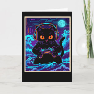 Funny Gamer Cat Neon Cyber Gaming Night Retro Art Card