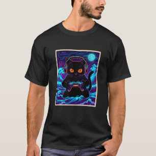 Funny Gamer Cat Neon Cyber Gaming Night Retro Art T-Shirt