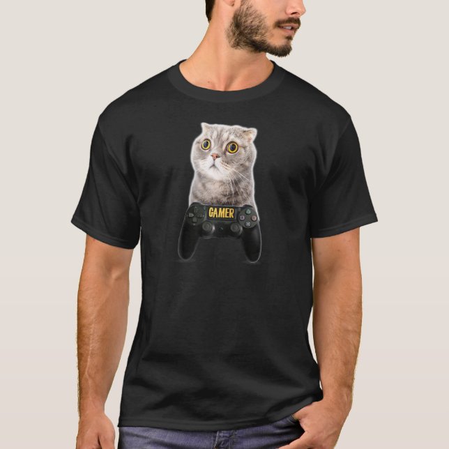 Funny Gamer Cat  Videogame Humor Play Station Cont T-Shirt (Front)