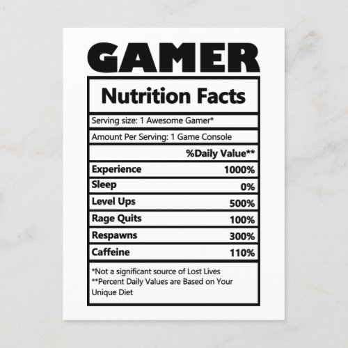 Funny Gamer Nutrition Facts Postcard