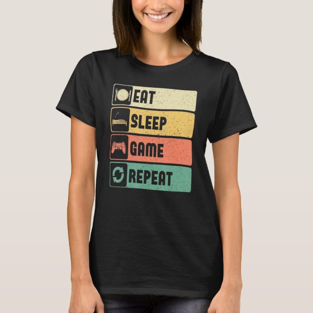 Funny Gamer Quote Eat Sleep Game Repeat, Cool Vint T-Shirt (Front)