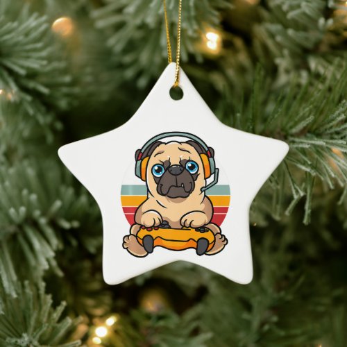 Funny Gaming Pug Dog Pet Lover Gamer  Ceramic Ornament