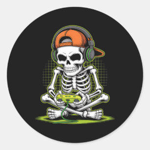 Funny Gaming Skeleton Halloween Skeleton Gamer Vid Classic Round Sticker