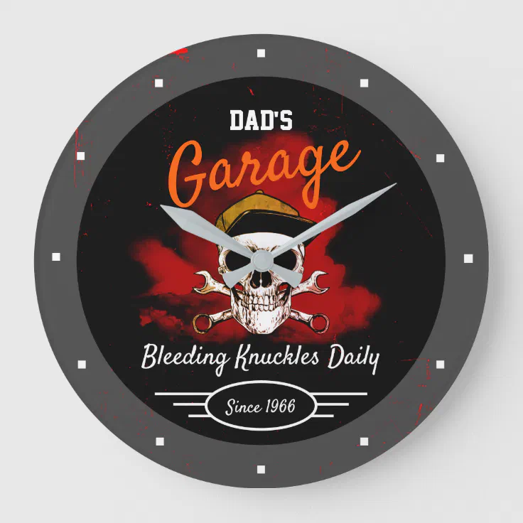 Funny Garage Bleeding Knuckles Dad's or Any Name Large Clock | Zazzle