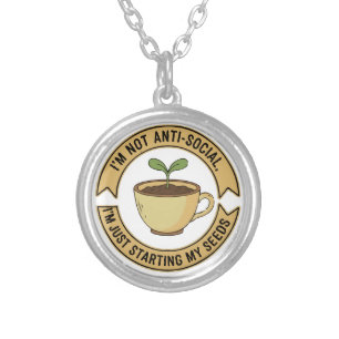 Funny Gardening Introvert Pun - I'm Not Anti-Socia Silver Plated Necklace