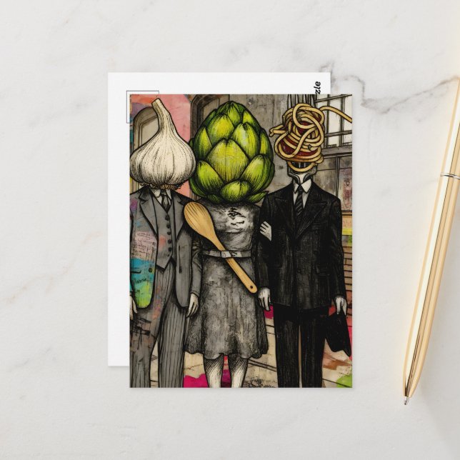 Funny garlic, an artichoke, and a spaghetti fork postcard (Front/Back In Situ)