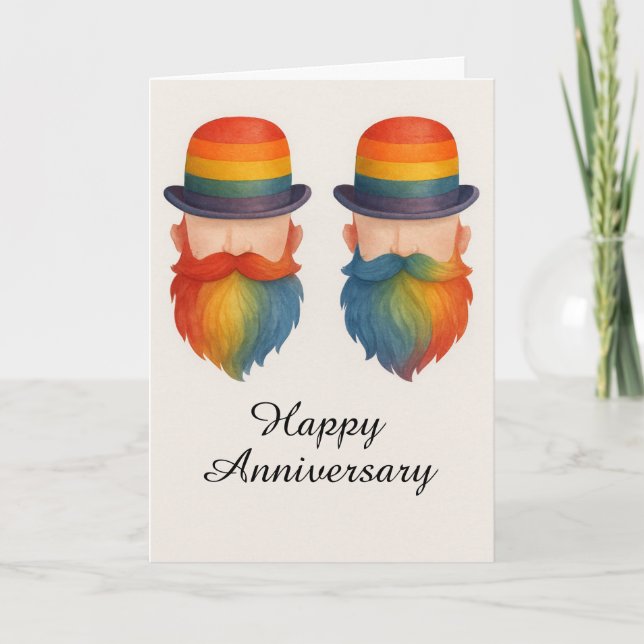 Funny Gay Beard Couple Anniversary Rainbow Prider Card (Front)