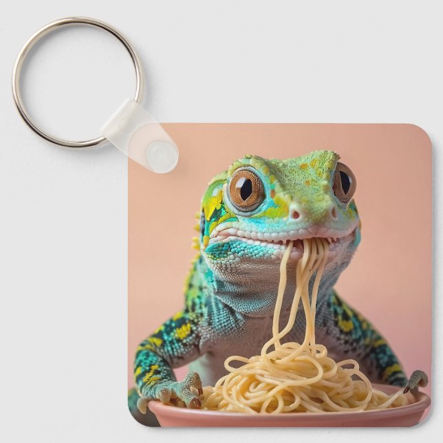 Funny Gecko Eating Spaghetti  Keychain (Front)
