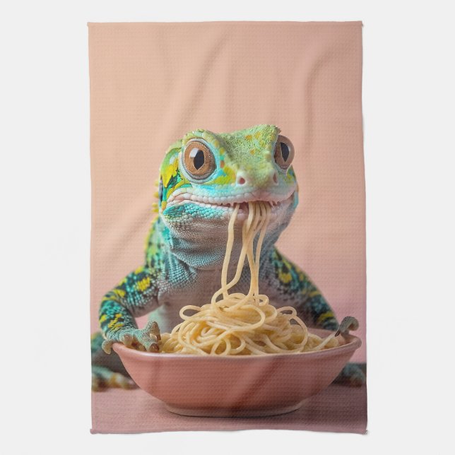 Funny Gecko Eating Spaghetti  Kitchen Towel (Vertical)