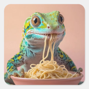 Funny Gecko Eating Spaghetti  Square Sticker