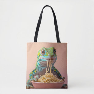 Funny Gecko Eating Spaghetti  Tote Bag