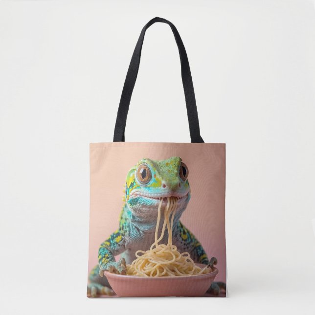 Funny Gecko Eating Spaghetti  Tote Bag (Front)