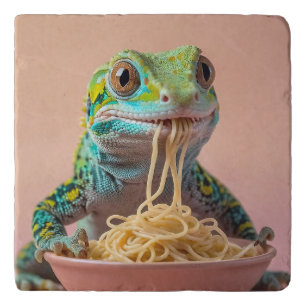 Funny Gecko Eating Spaghetti Trivet