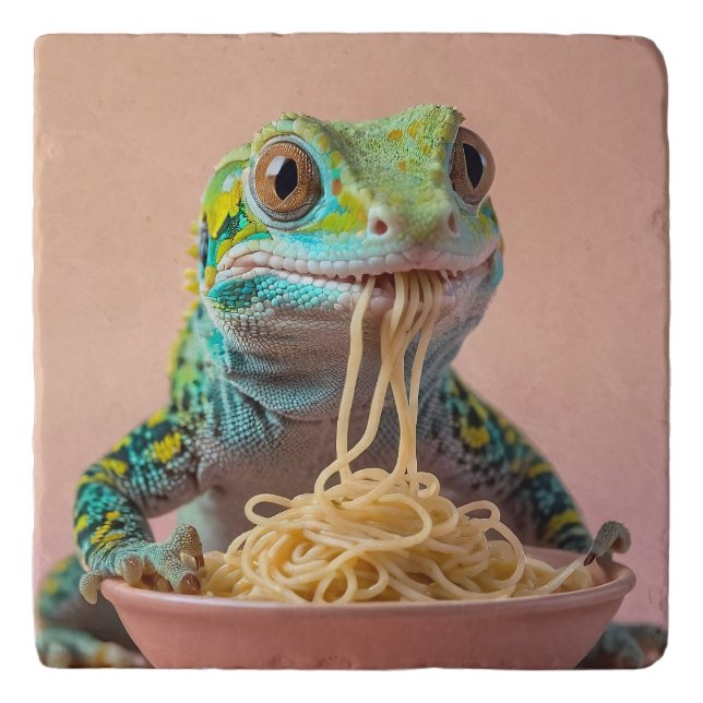 Funny Gecko Eating Spaghetti  Trivet (Front)