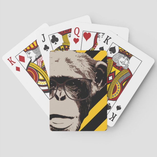 Funny Geek Chimp in Glasses Stripes Poker Cards (Back)