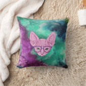 Funny Geeky Cat on Watercolor Backgroun Throw Pillow (Blanket)