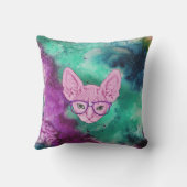 Funny Geeky Cat on Watercolor Backgroun Throw Pillow (Back)