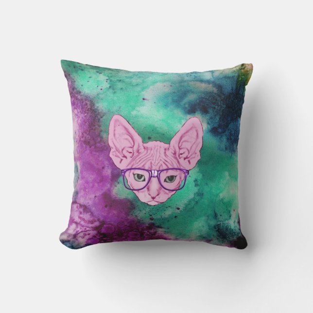 Funny Geeky Cat on Watercolor Backgroun Throw Pillow (Front)
