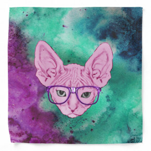 Funny Geeky Cat on Watercolor Background Bandana