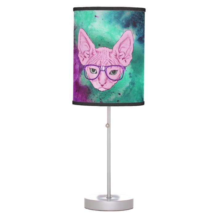 Funny Geeky Cat on Watercolor Background Table Lamp