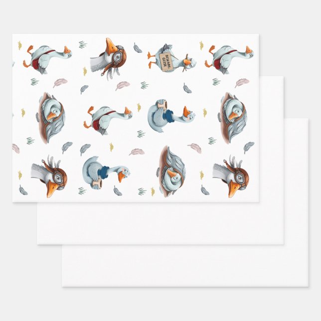 Funny Geese Pattern – Whimsical Goose Print Wrapping Paper Sheets (Set)