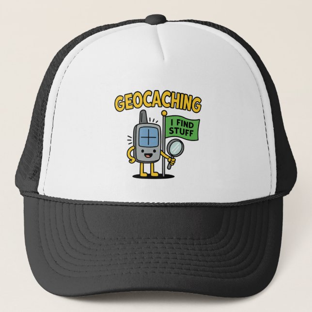 Funny Geocaching GPS Cartoon with Flag & Magnifier Trucker Hat (Front)