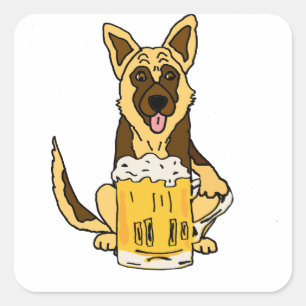 Funny German Shepherd Dog Drinking Beer Art Square Sticker