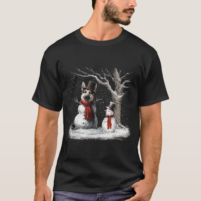 Funny German Shepherd Dog In The Snow Tree Christm T-Shirt (Front)