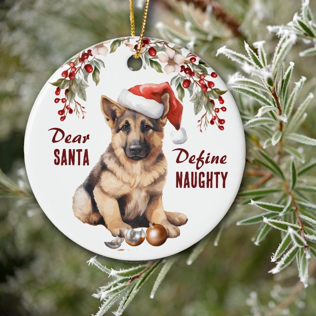 Funny German Shepherd Pup Define Naughty Christmas Ceramic Ornament (Creator Uploaded)