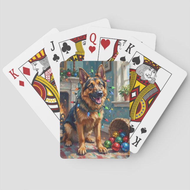 Funny German Shepherd Tangled in Christmas Lights Poker Cards (Back)