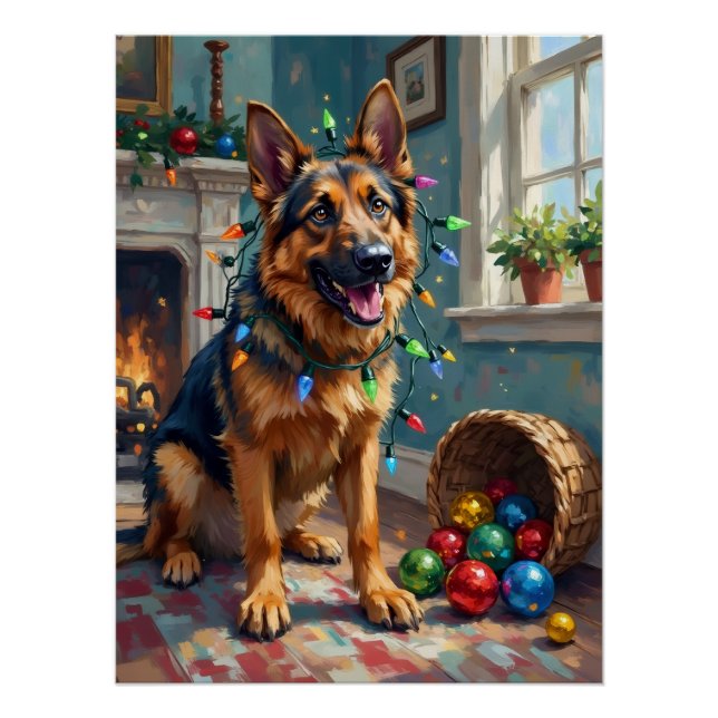 Funny German Shepherd Tangled in Christmas Lights Poster (Front)
