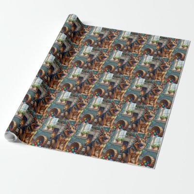 Funny German Shepherd Tangled in Christmas Lights Wrapping Paper