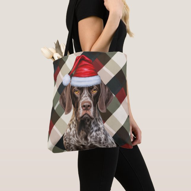 Funny German Shorthair Pointer Christmas Dog Plaid Tote Bag (Close Up)