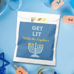 Funny "Get Lit" Chic Personalized Menorah Hanukkah Favor Bag<br><div class="desc">Add a festive flair to your Hanukkah celebration with these fun "Get Lit" favor bags! Featuring a bold blue menorah illustration, a playful message, and customizable family name text, these bags are perfect for handing out holiday treats, gifts, or party favors. The vibrant design and humorous phrase bring personality and...</div>