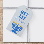 Funny "Get Lit" Chic Personalized Menorah Hanukkah Gift Tags<br><div class="desc">Add a dash of humor to your Hanukkah gifts with this fun and festive "Get Lit" gift tag! Featuring a bold blue menorah illustration and customizable family name text, this tag is the perfect way to bring personality to your holiday presents. The modern design, complete with a playful phrase and...</div>