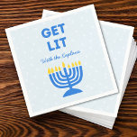 Funny "Get Lit" Chic Personalized Menorah Hanukkah Napkins<br><div class="desc">Add a festive spark to your Hanukkah celebration with these fun "Get Lit" napkins! Featuring a bold blue menorah illustration and customizable family name text, these napkins bring humor and personality to your holiday gatherings. The playful phrase and vibrant colors make them a memorable addition to your Hanukkah table, perfect...</div>