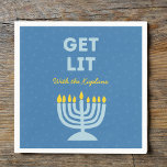 Funny "Get Lit" Chic Personalized Menorah Hanukkah Napkins<br><div class="desc">Add a festive spark to your Hanukkah celebration with these fun "Get Lit" napkins! Featuring a bold blue menorah illustration and customizable family name text, these napkins bring humor and personality to your holiday gatherings. The playful phrase and vibrant colors make them a memorable addition to your Hanukkah table, perfect...</div>