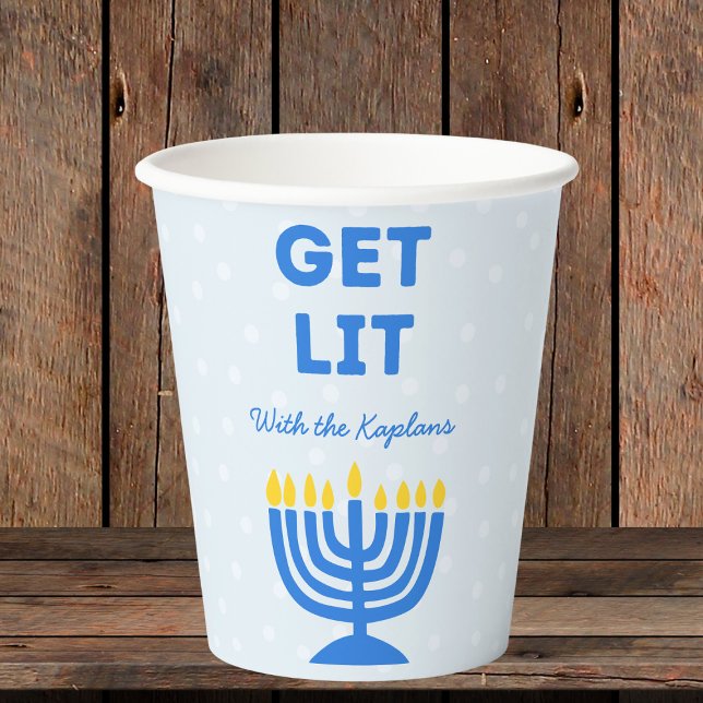 Funny "Get Lit" Chic Personalized Menorah Hanukkah Paper Cups (Creator Uploaded)