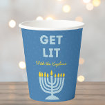 Funny "Get Lit" Chic Personalized Menorah Hanukkah Paper Cups<br><div class="desc">Celebrate Hanukkah in style with these fun and festive "Get Lit" cups! Featuring a bold blue menorah illustration and customizable family name text, these cups are perfect for adding a touch of humor to your holiday gatherings. The playful design, complete with bright colors and a cheerful message, makes these cups...</div>