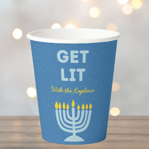 Funny "Get Lit" Chic Personalized Menorah Hanukkah Paper Cups
