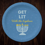 Funny "Get Lit" Chic Personalized Menorah Hanukkah Paper Plates<br><div class="desc">Celebrate Hanukkah in style with these fun "Get Lit" plates, perfect for serving latkes, jelly donuts, and all your holiday treats! Featuring a bright blue menorah illustration, customizable family name, and the playful phrase "Get Lit, " these plates add a joyful touch to your holiday table. Ideal for Hanukkah gatherings,...</div>