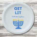 Funny "Get Lit" Chic Personalized Menorah Hanukkah Paper Plates<br><div class="desc">Add a festive spark to your Hanukkah celebration with these fun "Get Lit" napkins! Featuring a bold blue menorah illustration and customizable family name text, these napkins bring humor and personality to your holiday gatherings. The playful phrase and vibrant colors make them a memorable addition to your Hanukkah table, perfect...</div>