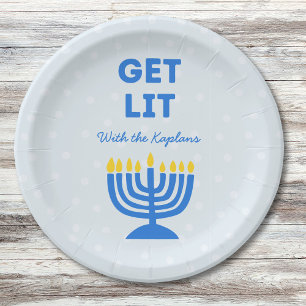 Funny "Get Lit" Chic Personalized Menorah Hanukkah Paper Plates