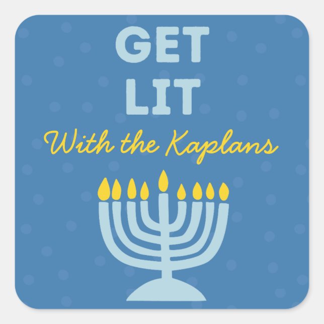 Funny "Get Lit" Chic Personalized Menorah Hanukkah Square Sticker (Front)