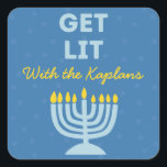 Funny "Get Lit" Chic Personalized Menorah Hanukkah Square Sticker<br><div class="desc">Bring a festive spark to your Hanukkah celebrations with these fun "Get Lit" stickers! Featuring a bold menorah illustration, customizable family name text, and a playful message, these stickers are perfect for adding personality to gift bags, favor boxes, or holiday cards. The vibrant design and humorous phrase make them a...</div>
