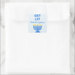 Funny "Get Lit" Chic Personalized Menorah Hanukkah Square Sticker<br><div class="desc">Bring a festive spark to your Hanukkah celebrations with these fun "Get Lit" stickers! Featuring a bold menorah illustration, customizable family name text, and a playful message, these stickers are perfect for adding personality to gift bags, favor boxes, or holiday cards. The vibrant design and humorous phrase make them a...</div>